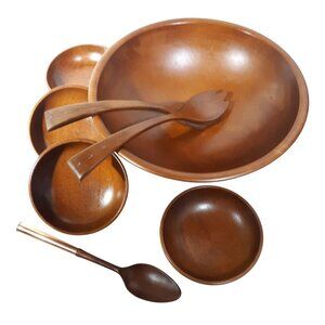MCM Wood Salad Bowl Set 4 Beauty Wood Copper Pedestal Tongs Spoon